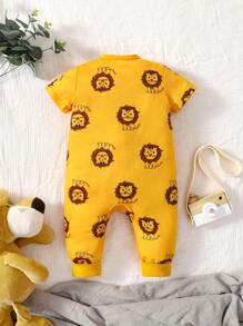 Baby Lion Print Button Front Jumpsuit - Mustard Yellow - View 2