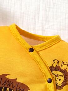 Baby Lion Print Button Front Jumpsuit - Mustard Yellow - View 3