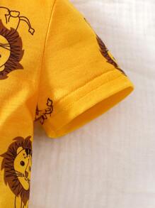 Baby Lion Print Button Front Jumpsuit - Mustard Yellow - View 5