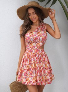 SHEIN VCAY Floral Print One Shoulder Cut Out Dress - Multicolor - View 6