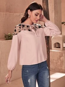 SHEIN Privé Áo sơ mi nữ Đề can Tương phản Mesh Hoa Thanh lịch - Màu Hồng baby - Xem 3