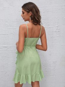 Soleia Polka Dot Knot Side Ruffle Trim Wrap Cami Dress - Lime Green - View 2