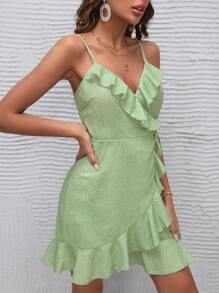 Soleia Polka Dot Knot Side Ruffle Trim Wrap Cami Dress - Lime Green - View 4