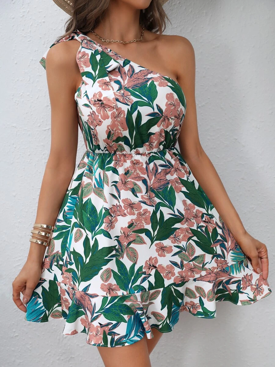 SHEIN VCAY Đầm Thắt nút Viên lá sen Hoa Tất cả trên in Boho - trắng - Xem 1