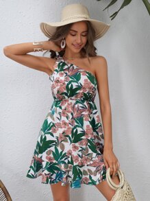 SHEIN VCAY Đầm Thắt nút Viên lá sen Hoa Tất cả trên in Boho - trắng - Xem 4