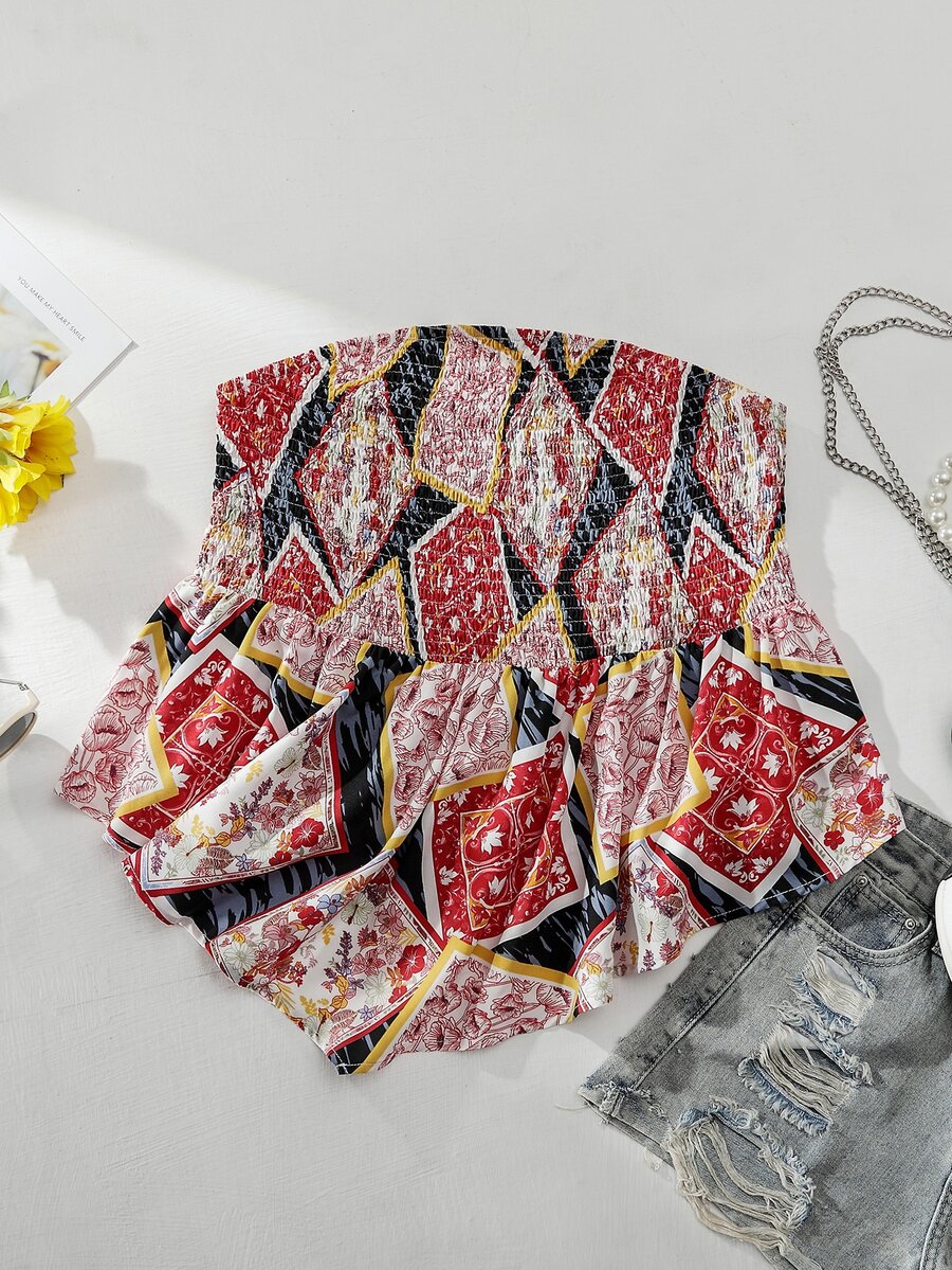 SHEIN Holidaya Plus Scarf Print Shirred Asymmetrical Hem Tube Top - Multicolor - View 1