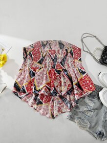 SHEIN Holidaya Plus Scarf Print Shirred Asymmetrical Hem Tube Top - Multicolor - View 2