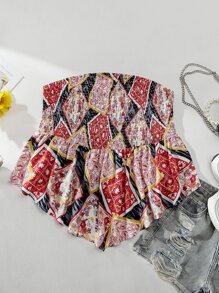 SHEIN Holidaya Plus Scarf Print Shirred Asymmetrical Hem Tube Top - Multicolor - View 5