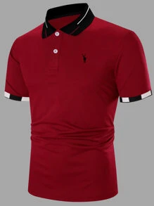 Manfinity Men Elk Print Contrast Trim Polo Shirt - Burgundy - View 1