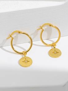 Cubic Zirconia Detail Round Drop Earrings - Yellow Gold - View 2