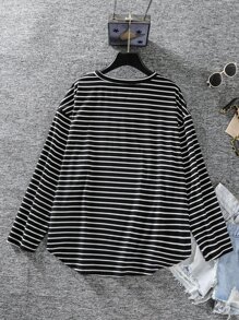 SHEIN LUNE Camiseta de hombros caídos de rayas - Blanco y Negro - Ver 2