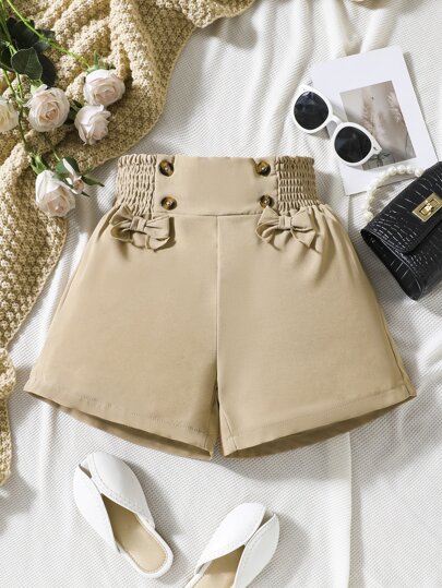 Sparklyn 少女高腰褶皺褶邊蝴蝶結裝飾短褲，甜美風格，彈性腰部