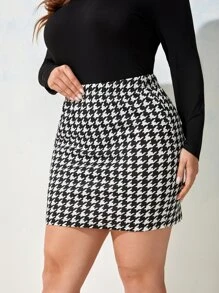 SHEIN Privé Plus Houndstooth Print Bodycon Skirt - Black and White - View 4