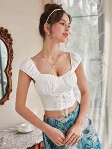 SHEIN MOD Ruched Bust Lace Up Front Crop Tee - White - View 3
