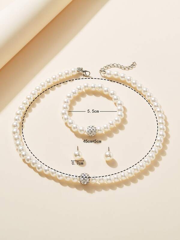 4pcs Faux Pearl Decor Sparkling Jewelry Set With Choker Necklace