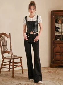 SHEIN MOD Wide Strap Patent Top Without Blouse - Black - View 5