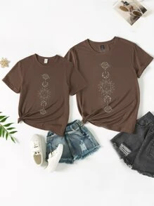 Girls 1pc Sun & Moon Print Tee - Coffee Brown - View 3