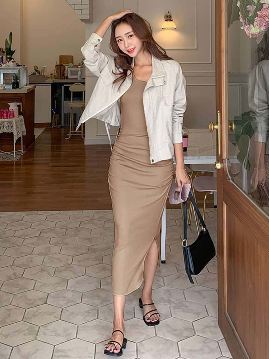 DAZY Đầm suông hở đùi cổ tròn trơn - Màu Khaki - Xem 1