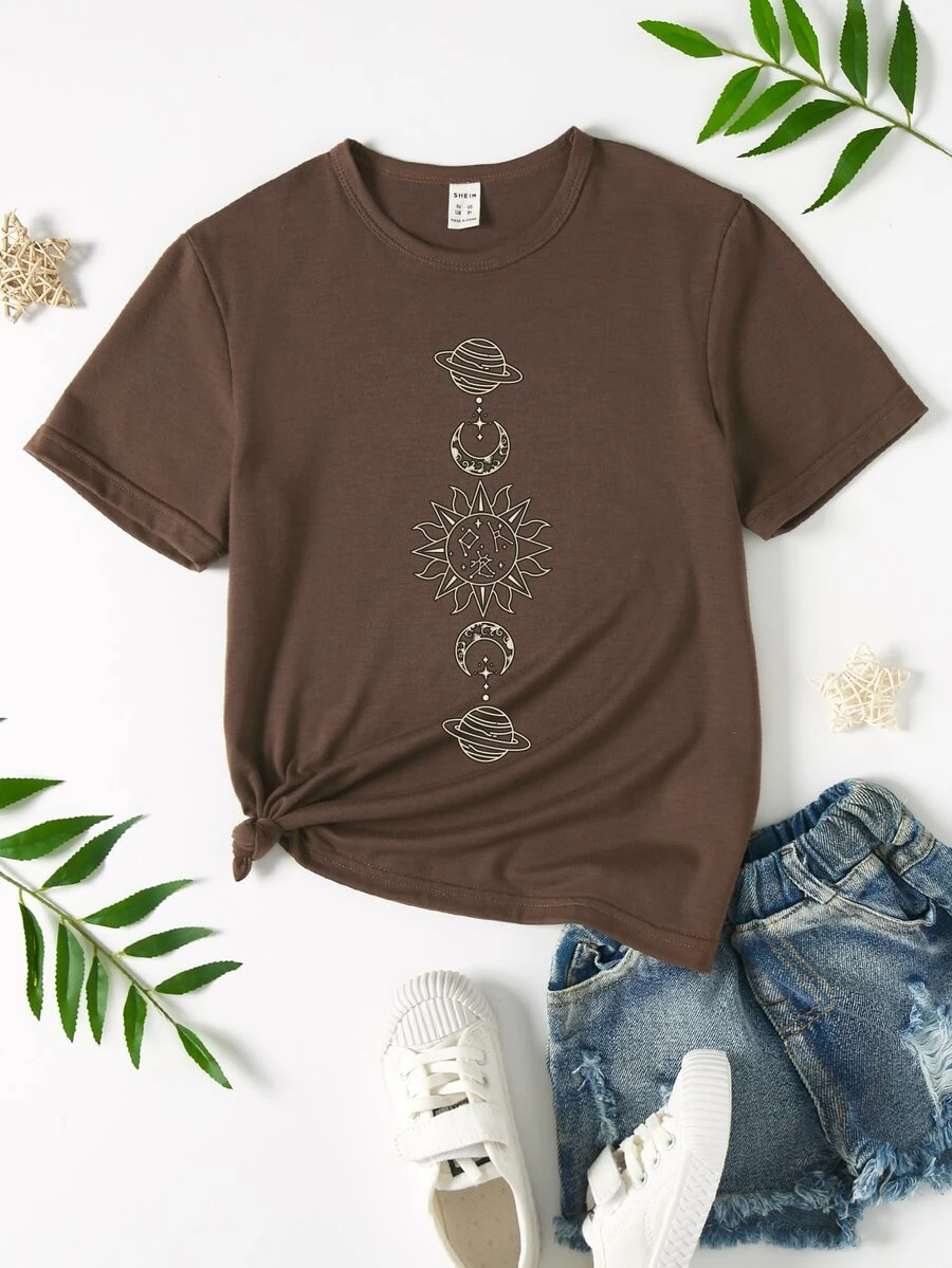 Girls 1pc Sun & Moon Print Tee - Coffee Brown - View 1