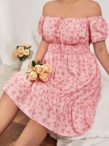 SHEIN VCAY Vestido con estampado floral con nudo delantero bajo con fruncido - Rosa Pálido - Ver 3