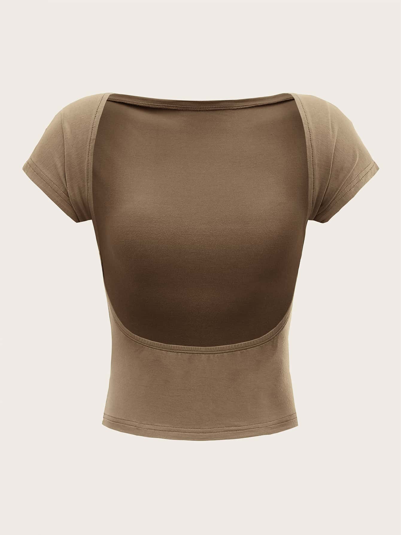 SHEIN MOD 夏季服装纯色露背蝙蝠袖T恤 - 摩卡棕 - 查看 1