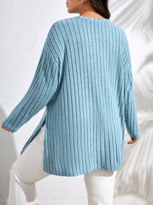 SHEIN Essnce Camiseta de hombros caídos bajo con abertura tejido de canalé - Celeste - Ver 2