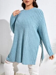 SHEIN Essnce Camiseta de hombros caídos bajo con abertura tejido de canalé - Celeste - Ver 4