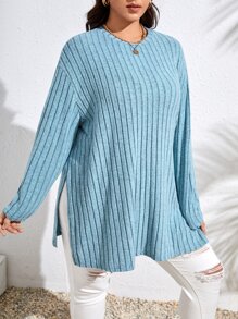 SHEIN Essnce Camiseta de hombros caídos bajo con abertura tejido de canalé - Celeste - Ver 5