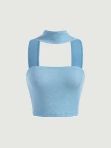 SHEIN MOD 素色條紋針織掛脖上衣 - 藍色 - 查看 1