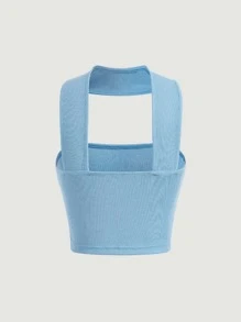 SHEIN MOD 素色條紋針織掛脖上衣 - 藍色 - 查看 2