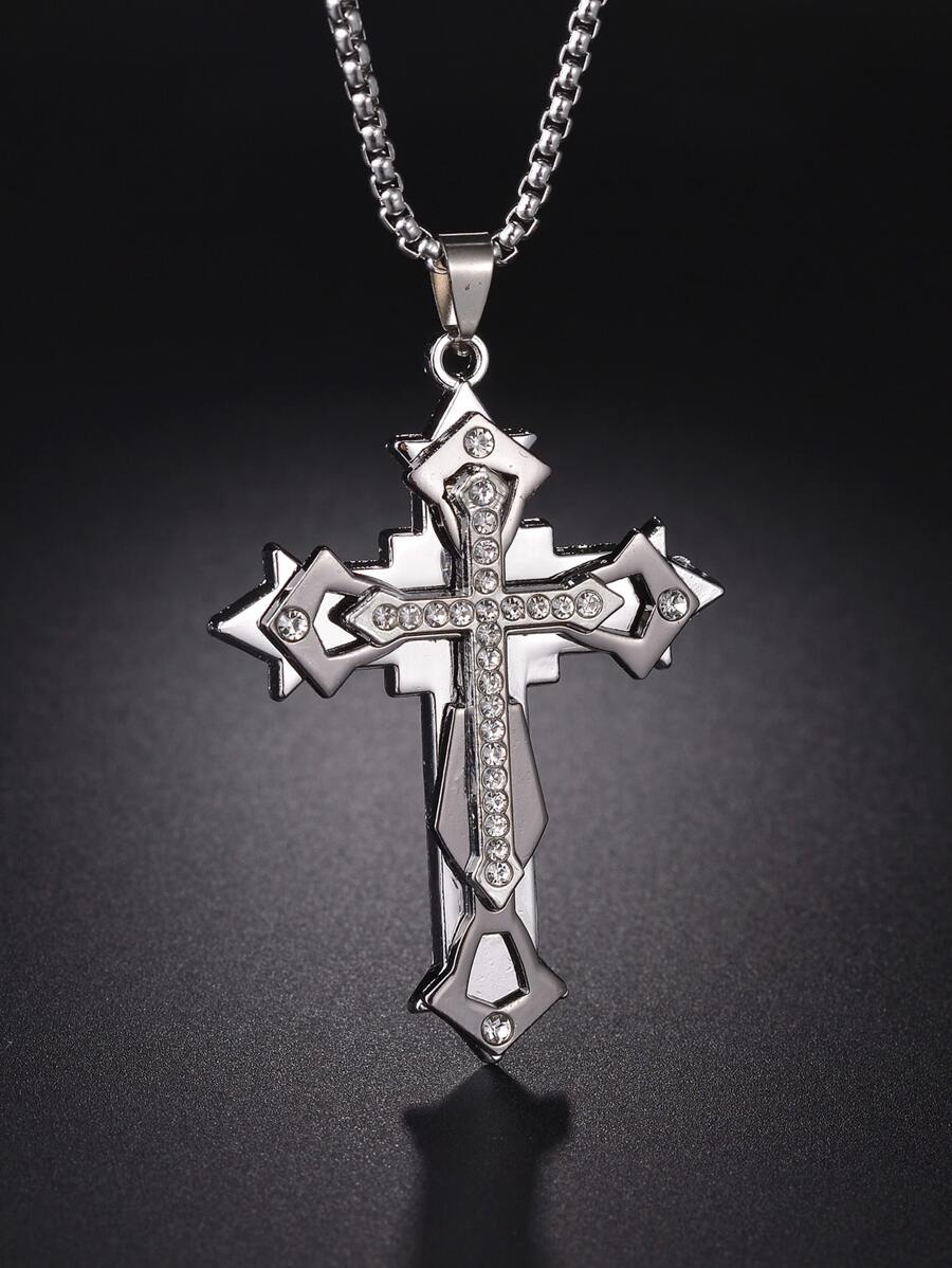 1pc Men Stainless Steel Cross Pendant Necklace - Silver - View 1