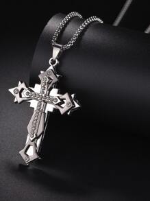 1pc Men Stainless Steel Cross Pendant Necklace - Silver - View 2