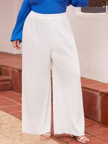 SHEIN VCAY Plus Lettuce Trim Wide Leg Trousers - White - View 1
