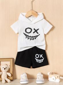 Baby Boy Cartoon Graphic Hooded Tee & Shorts - Black and White - View 1