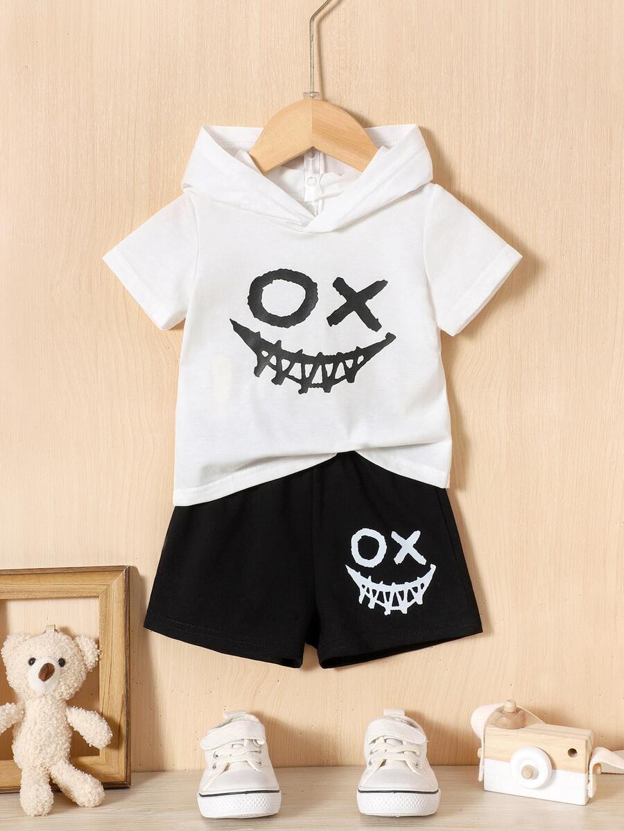 Baby Boy Cartoon Graphic Hooded Tee & Shorts - Black and White - View 1
