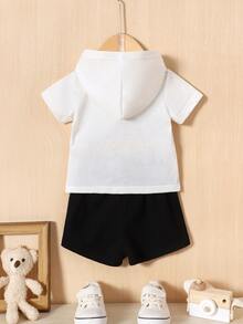 Baby Boy Cartoon Graphic Hooded Tee & Shorts - Black and White - View 2