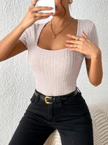 SHEIN Frenchy 大圓領條紋針織T恤 - 杏色 - 查看 1