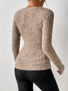 SHEIN Essnce Solid Ribbed Knit Tee - Khaki - View 2