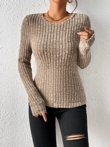 SHEIN Essnce Solid Ribbed Knit Tee - Khaki - View 3