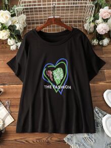 SHEIN LUNE Plus Heart and Letter Graphic Tee - Black - View 1