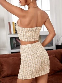 SHEIN PETITE Plaid Tweed Tube Top & Wrap Skort - Apricot - View 2