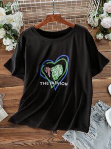 SHEIN LUNE Plus Heart and Letter Graphic Tee - Black - View 3