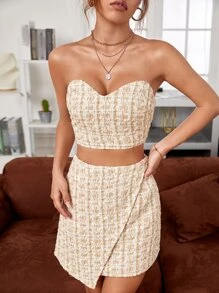 SHEIN PETITE Plaid Tweed Tube Top & Wrap Skort - Apricot - View 3