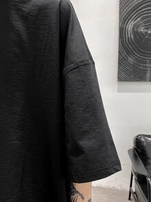 Manfinity 寬鬆版型男士字母印花下肩t-shirt - 黑色 - 查看 5