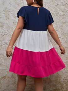 SHEIN VCAY 大碼撞色荷葉邊連衣裙 - 彩色 - 查看 2