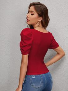 SHEIN Privé 鷄心領拉鍊泡泡袖T恤 - 酒紅色 - 查看 2