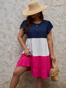 SHEIN VCAY 大碼撞色荷葉邊連衣裙 - 彩色 - 查看 3