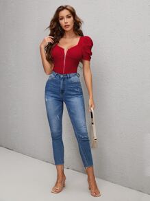 SHEIN Privé 鷄心領拉鍊泡泡袖T恤 - 酒紅色 - 查看 5