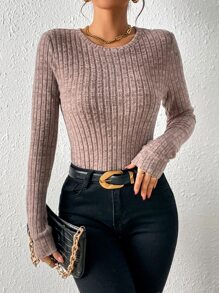 SHEIN Essnce 素色條紋針織T恤 - 藕粉色 - 查看 1