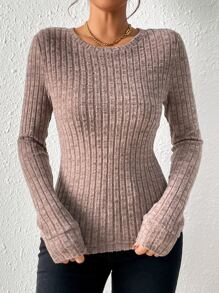 SHEIN Essnce 素色條紋針織T恤 - 藕粉色 - 查看 3